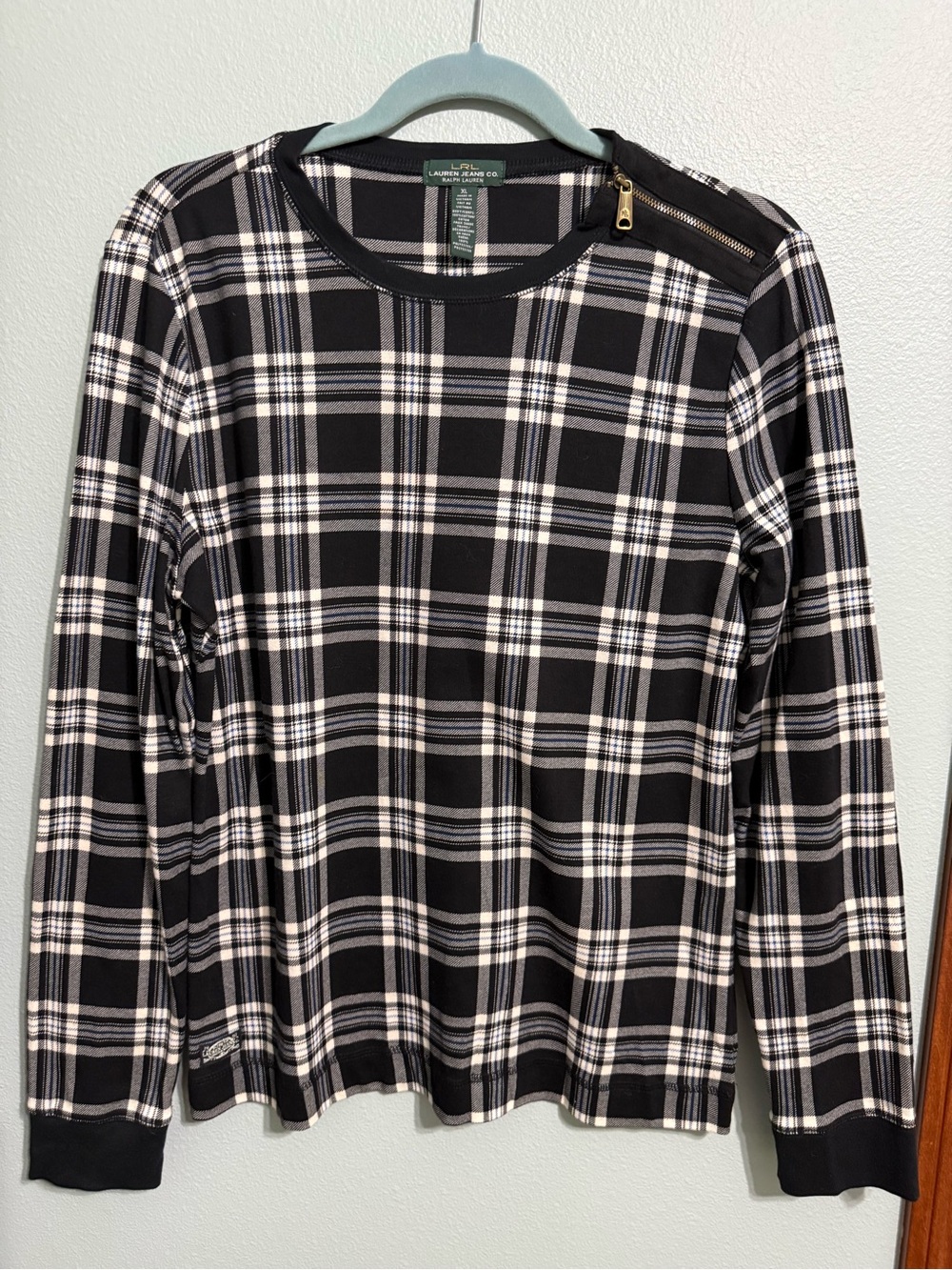 Lauren Ralph Lauren Black and White Plaid Long-Sleeve Top with Shoulder Zip XL